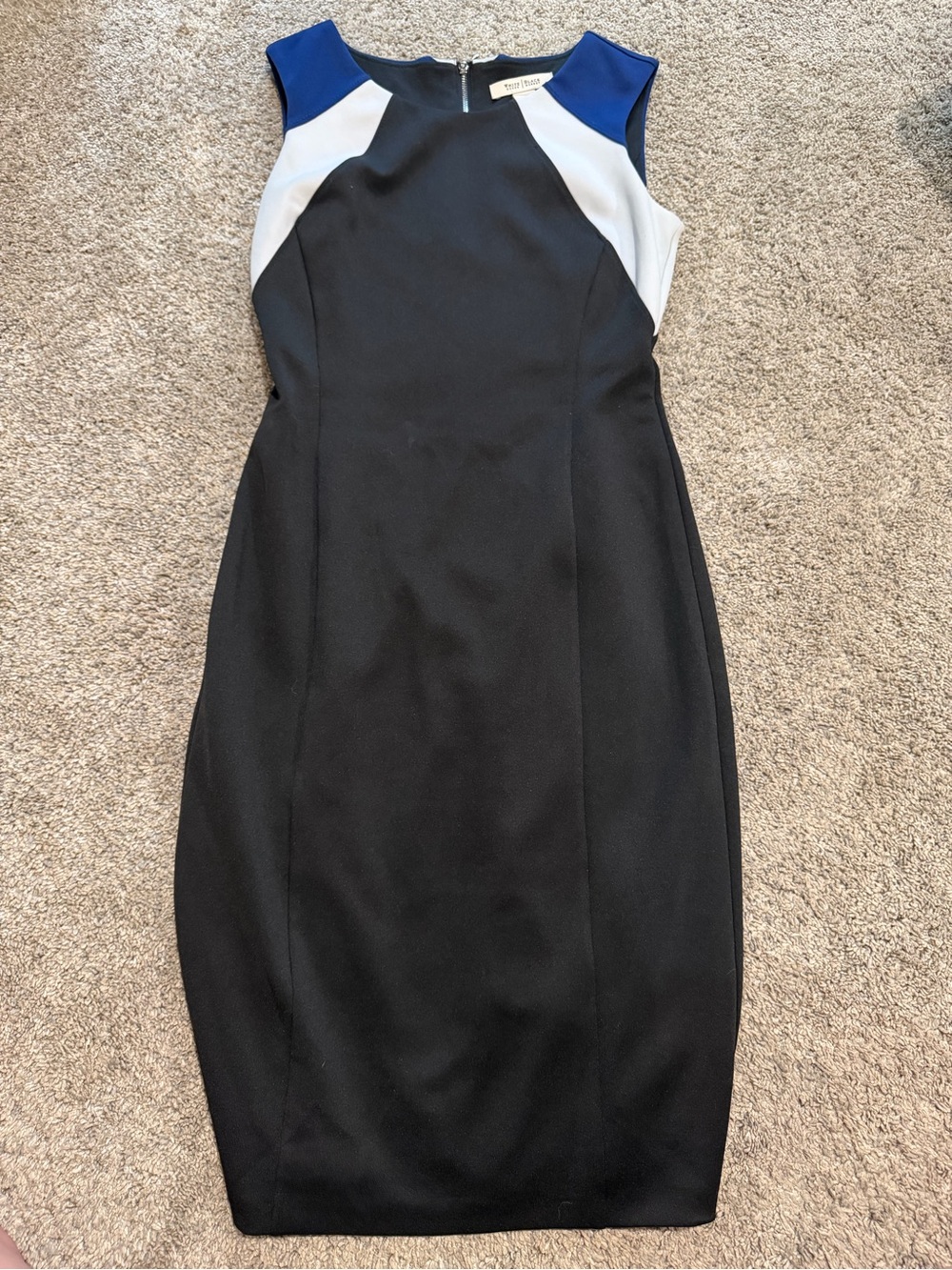 Color-Block Sleeveless Midi Sheath Dress in Black, Blue & White